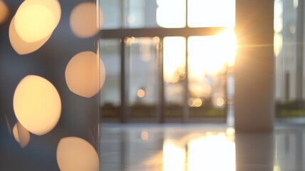 Modern business office setting with a blurred background and sunlight reflecting on the window glass for design