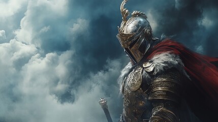Naklejka premium A valiant warrior clad in a metallic helmet from the cosmos, wielding a formidable energy weapon. 