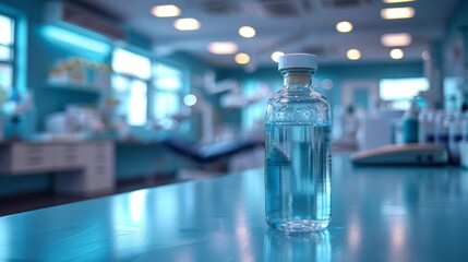 A small pocket-sized disinfectant solution bottle, placed on a doctor's workstation.