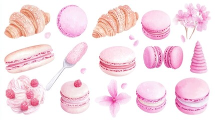 Obraz premium French Bakery Delights, an enchanting collection featuring watercolor illustrations of baguettes, croissants, and macarons, perfect for culinary-themed designs and projects.
