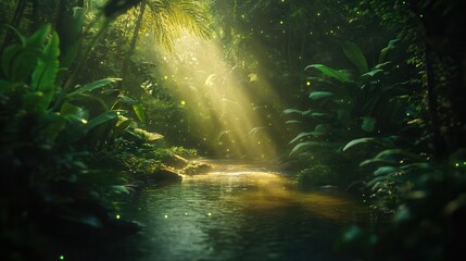 Obraz premium Sunlight streaming through lush tropical forest creek 