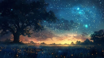 The image is a beautiful landscape with a large tree in the foreground and a starry night sky in the background.