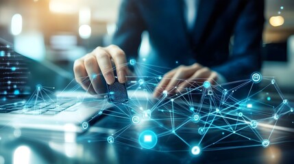 A hand touching a glowing fingerprint scanner on a digital network, symbolizing Biometric security, digital identity, cybersecurity, data encryption, and futuristic technology.