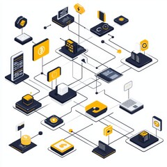 Obraz premium Abstract digital technology illustration with cryptocurrency symbols, data processing elements, and network connections in a modern design