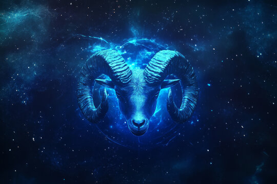 Aries zodiac sign in cosmic fantasy style with glowing blue elements