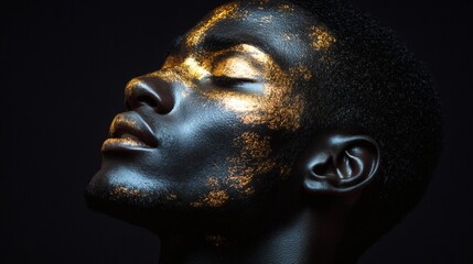 Striking hyperrealistic image of a black man with golden body contours elevated in relief positioned against a rich black backdrop showcasing the contrast of colors beautifully
