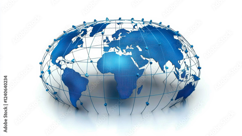 Poster world map with network connections displayed in blue highlighting global interconnectivity