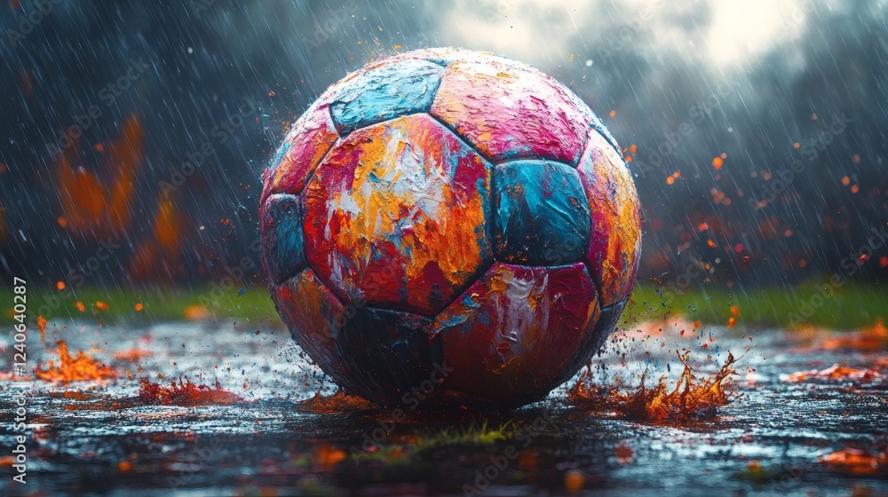 Poster striking impressionist scene of a layered soccer ball made of colorful liquid paint splashes highlig