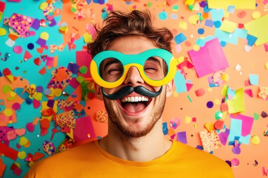 Professional photo of a cheerful young man wearing oversized joke glasses and a fake mustache, making a goofy expression against a vibrant, colorful background perfect for April Fools' Day designs