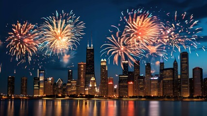 Colorful fireworks illuminate a city skyline at night