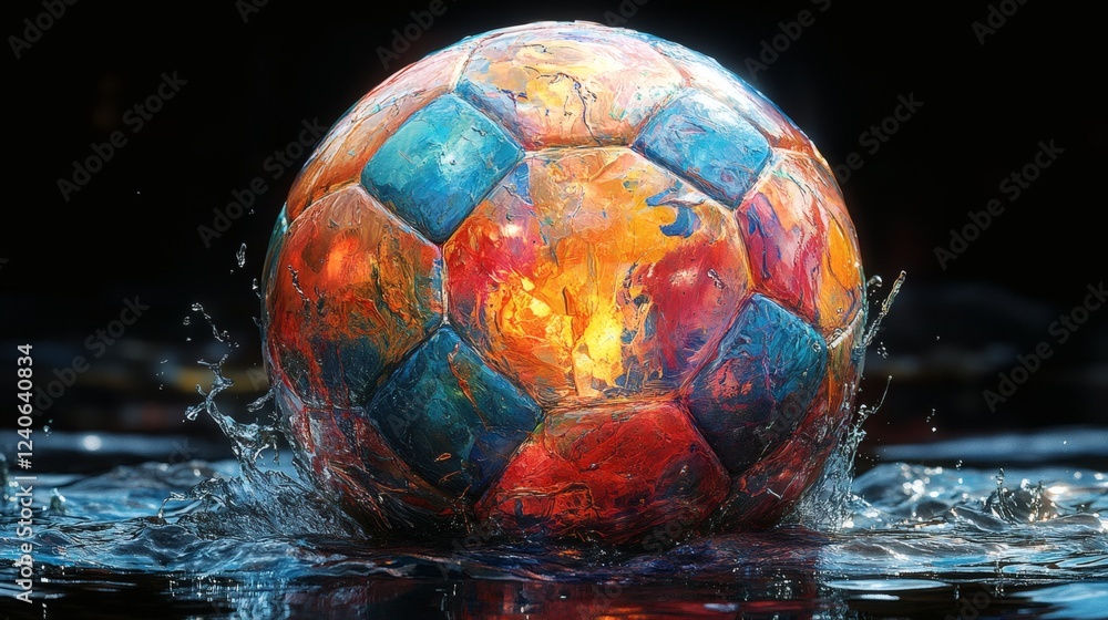 Poster striking impressionist scene of a layered soccer ball made of colorful liquid paint splashes highlig