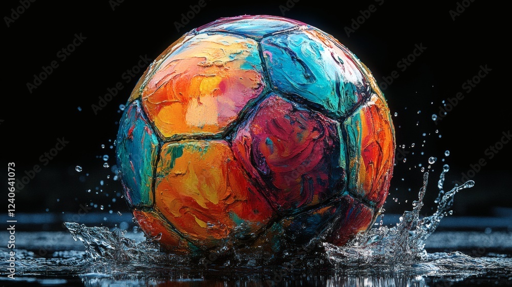 Poster striking impressionist scene of a layered soccer ball made of colorful liquid paint splashes highlig