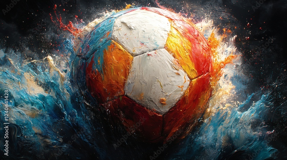 Poster striking impressionist scene of a layered soccer ball made of colorful liquid paint splashes highlig
