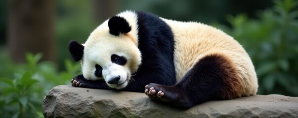 Obraz premium Giant panda curled in a deep slumber atop grey stone , china, snuggle