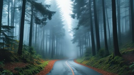 Obraz premium Misty forest road surrounded by tall trees and soft foliage