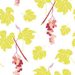 Seamless pattern with grapevine leaves and clusters of grapes on white. Grapevine leaves and red grape bunches in a seamless pattern. Flat style design on a white background.