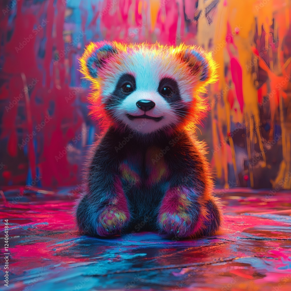 Poster vivid 3d image of a small panda with fluorescent tiedye ears sitting dynamically on a paintsplattere