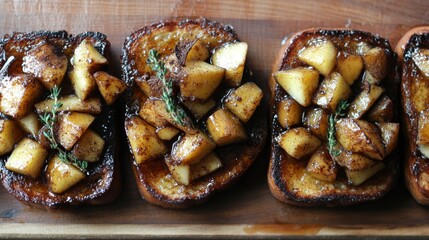 Caramelized Apple Toast on Wooden Board