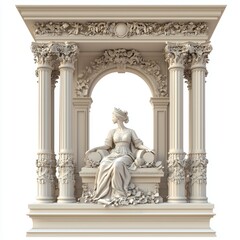 Naklejka premium Elegant white sculpture of a seated woman in a classical architecture setting with intricate details and decorative columns