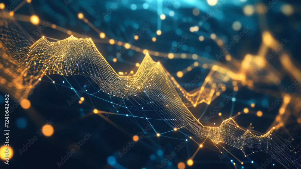 Poster visual representation of data trends with golden waves and glowing particles in a digital landscape