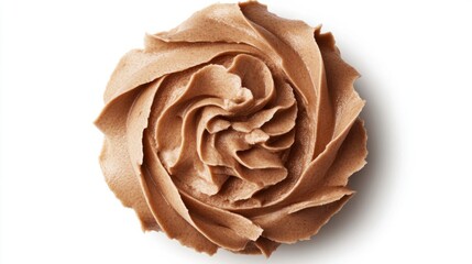 Perfectly whipped chocolate spread with fine, creamy swirls, top view, isolated on white