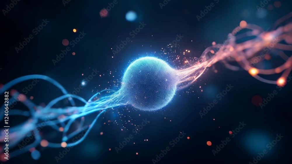 Poster exploration of cellular structures with illuminated fibers and vibrant energy interactions showcasin