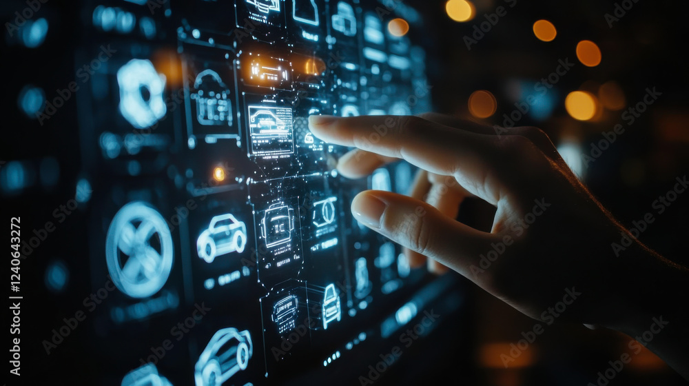 Poster hand interacting with digital interface displaying various vehicle icons and data in a modern enviro