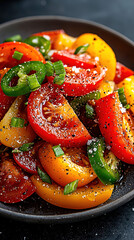 Raw bell pepper slices with a sprinkle of sea salt, served on a clean plate with soft natural light in food photography
