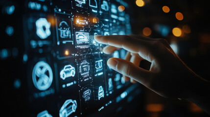 Hand interacting with digital interface displaying various vehicle icons and data in a modern environment
