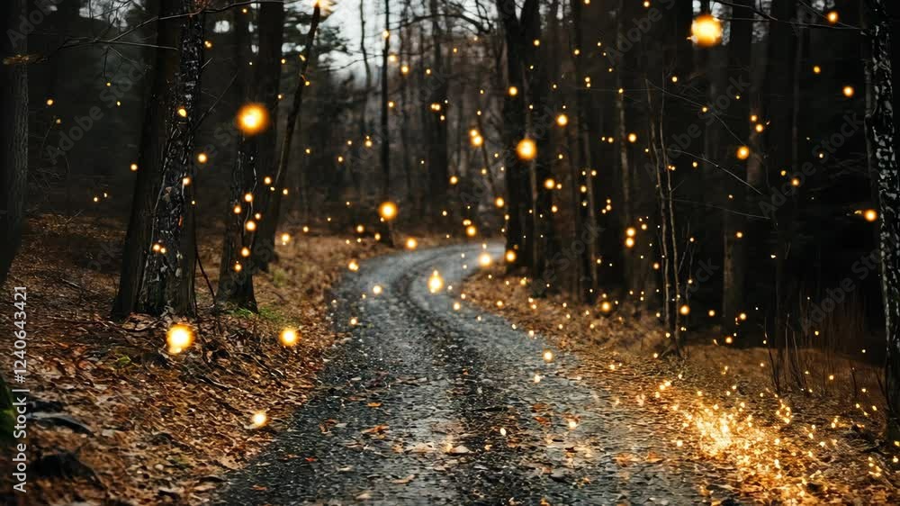 Poster enchanting forest path illuminated by glowing orbs on a cool autumn evening