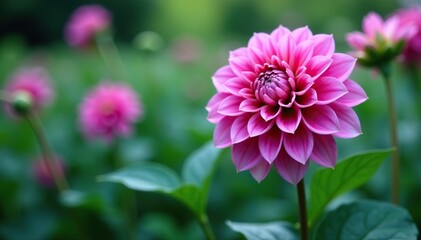 A majestic dahlia flower amidst a sea of lush green foliage with soft purplish hues, blue, garden decor