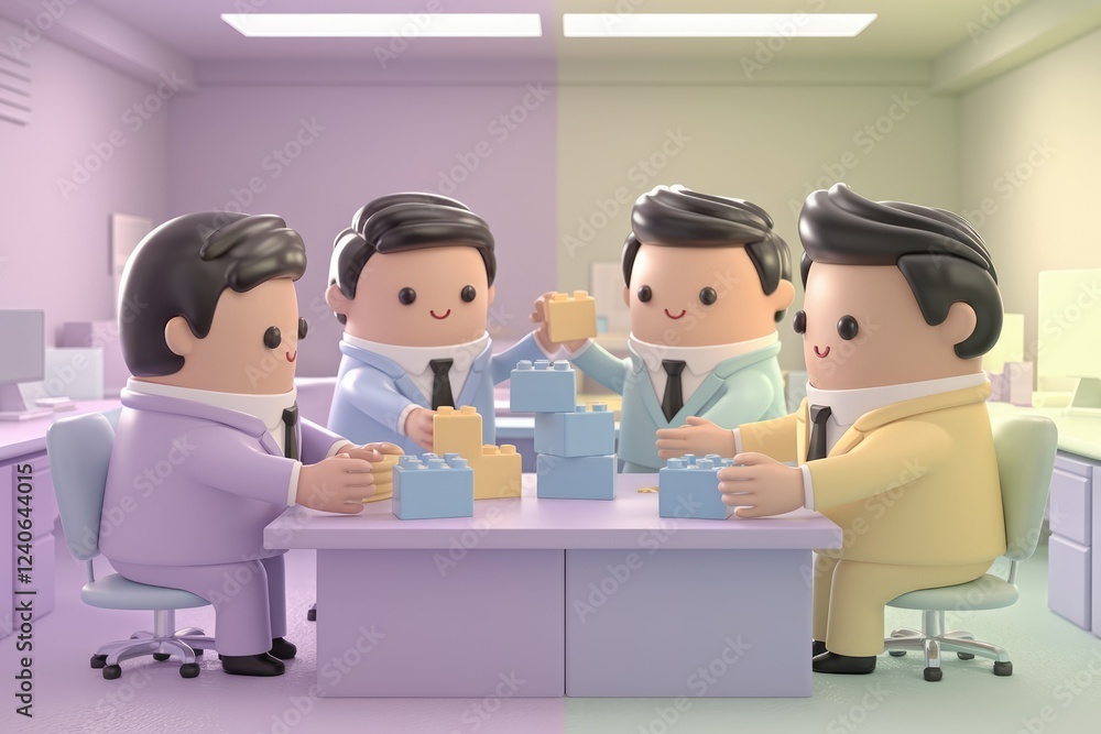 Poster Four businesspeople collaborate on a project using colorful building blocks, symbolizing teamwork and problem-solving.