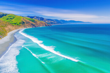 Fototapeta premium Vibrant ocean waves gently embrace a stunning coastal landscape 