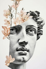 Minimalist collage featuring a statue's face and floral accents in a clean composition