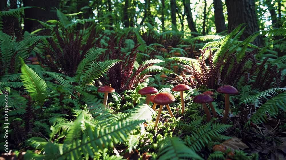 Poster an enchanted forest floor covered in vibrant mushrooms and ferns, captured in the dappled glow of mi