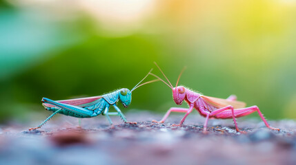 A Serene Encounter: Teal and Pink Grasshoppers