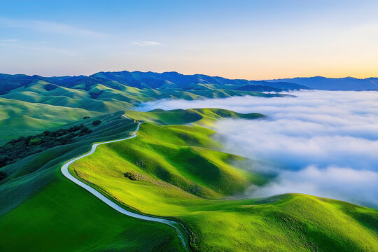 Aerial view of hill landscape with winding road and fog during sunrise in a tranquil setting - Powered by Adobe