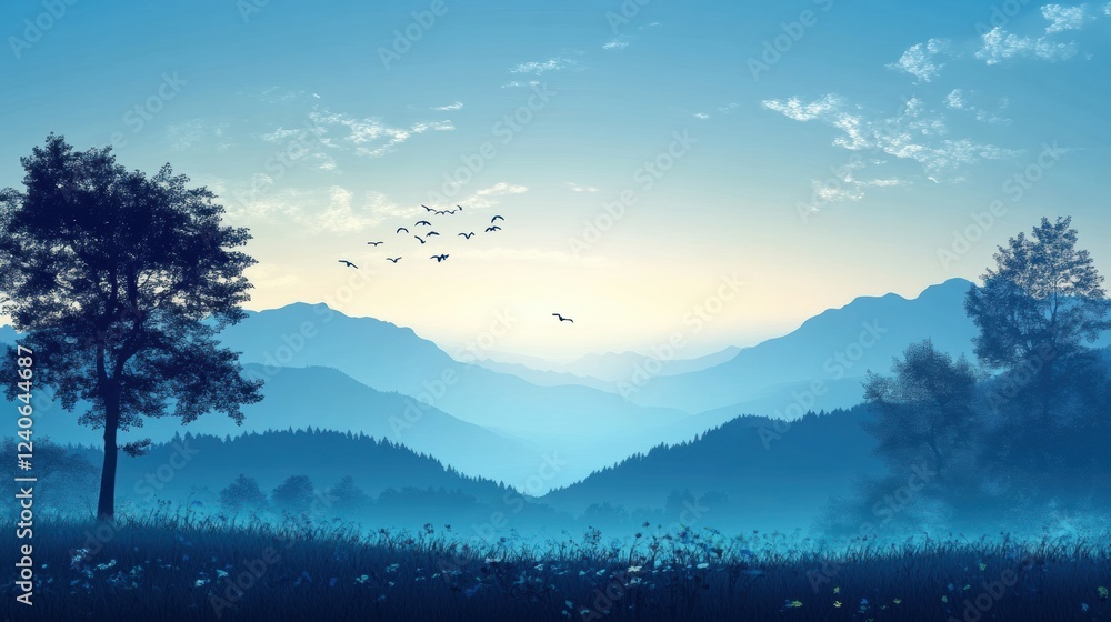 Poster misty mountain landscape with trees and birds flying at dawn in a serene natural environment. genera