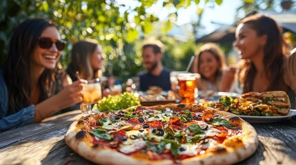 Enjoying Fresh Pizza with Friends Outdoors on a Sunny Day