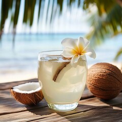 Refreshing tropical drink served with coconut and flower on a sunny beach