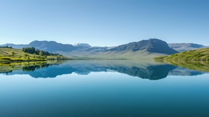 Serene mountain landscape reflected in a calm lake under clear skies