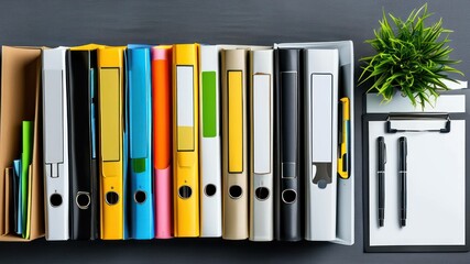 Colorful binders organized on a desk with office supplies