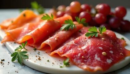 An assortment of cured meats on a marble surface, garnishes, grapes