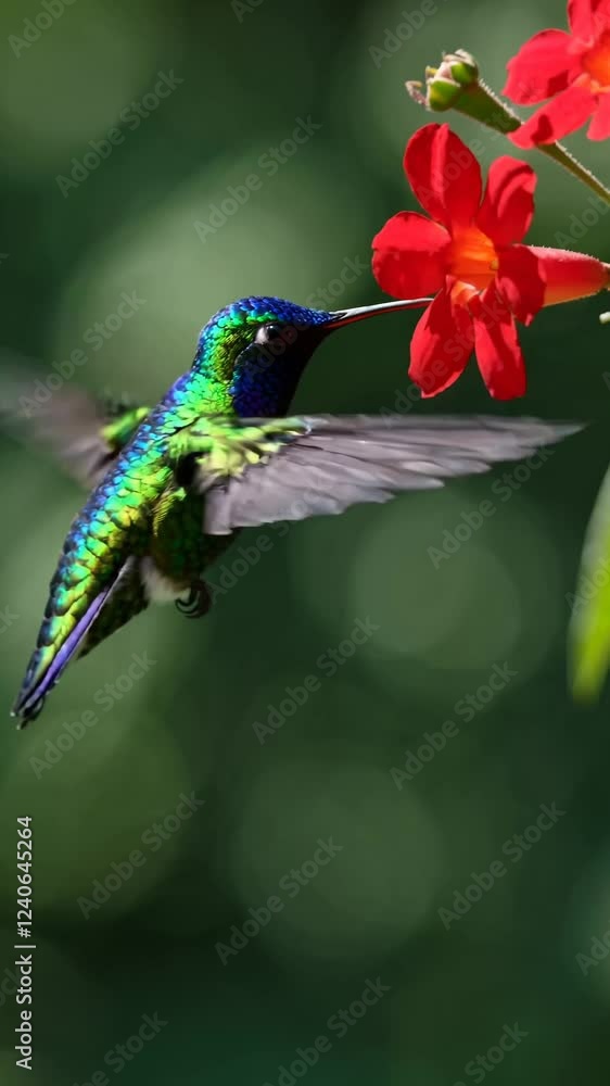 Poster a close-up of a colorful hummingbird hovering near a bright red flower, captured mid-flight with win