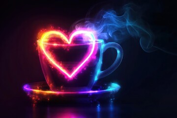 Glowing heart-shaped steam in a coffee cup, dark background, romantic concept, Valentine's Day