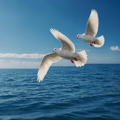 Fototapeta premium A pair of white doves flying over a peaceful blue ocean.