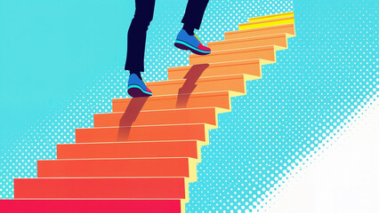 Climbing Career Ladder Steps Success Concept With Person Walking Up Stairs for business growth, career development, achievement, progress.
