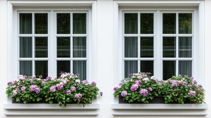 Vibrant flower boxes with blooming plants enhance the beauty of a quaint building in a serene European alley on a sunny afternoon