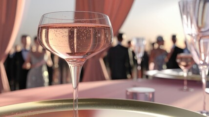Fototapeta premium A glass of ros champagne at an outdoor party with guests in the background.