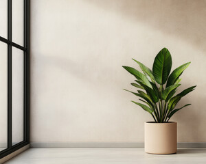 A serene indoor space featuring a vibrant green plant in a minimalist pot, illuminated by natural light from a large window.